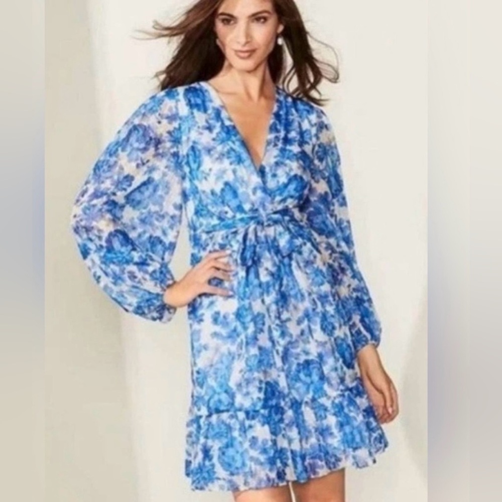 New Alex Marie Laurel Chiffon Cobalt Floral Blue Dress Size 12 Petite NWT